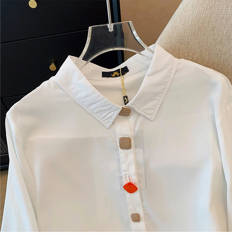 Plus-size women's white black solid color shirt elastic cuff long sleeve top button business fashion simple chiffon autumn 2024