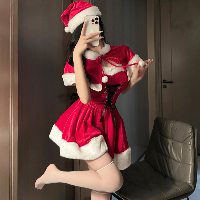 Kawaii Cloak Cosplay Santa Claus Cute Autumn And Winter Christmas Red Shawl Dress Women's Holiday Costume Party Dressing Women