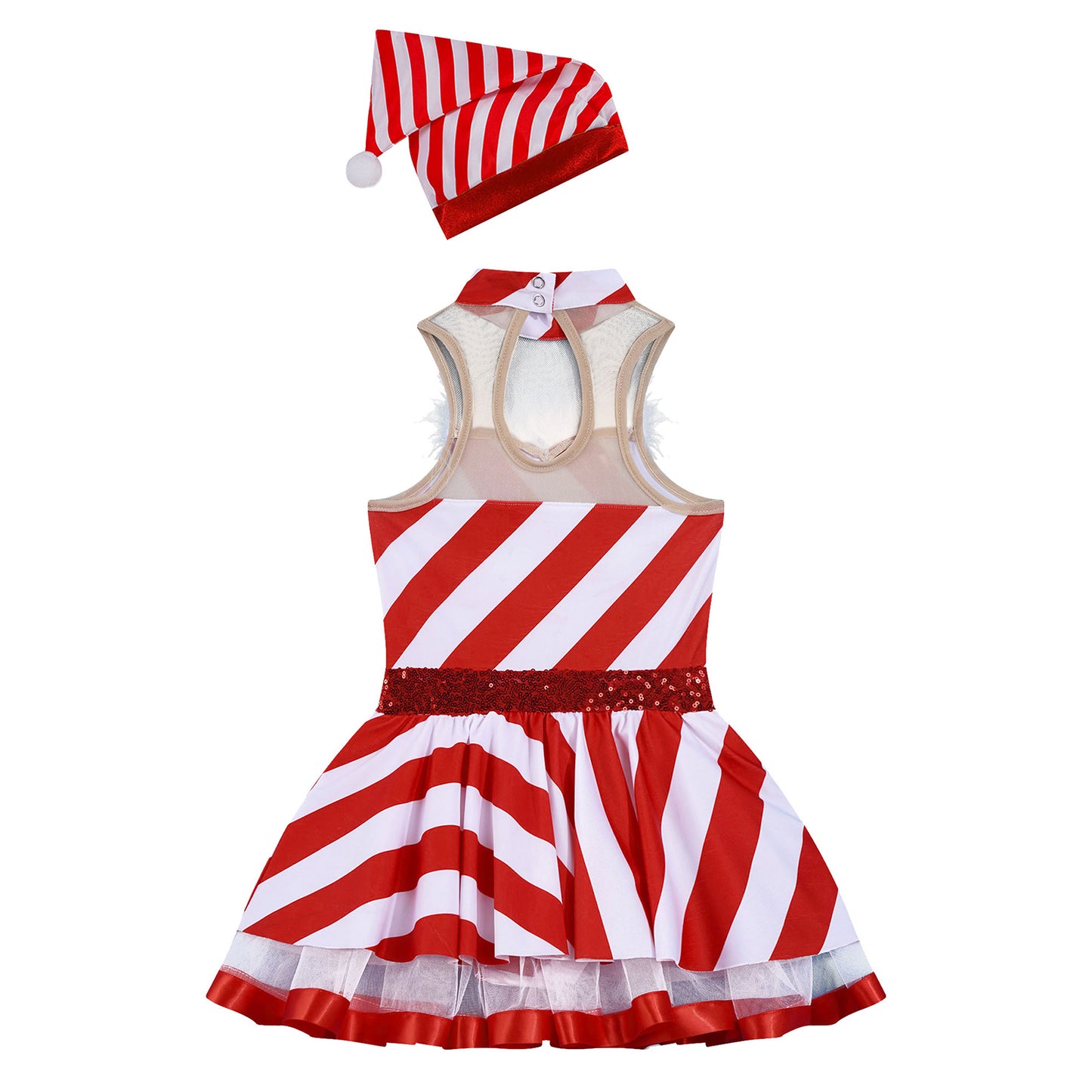 Teen Girls Christmas Party Dress Striped Candy Cane Ballet Dance Skating Leotard Tutu with Hat Xmas Santa Claus Cosplay Costume