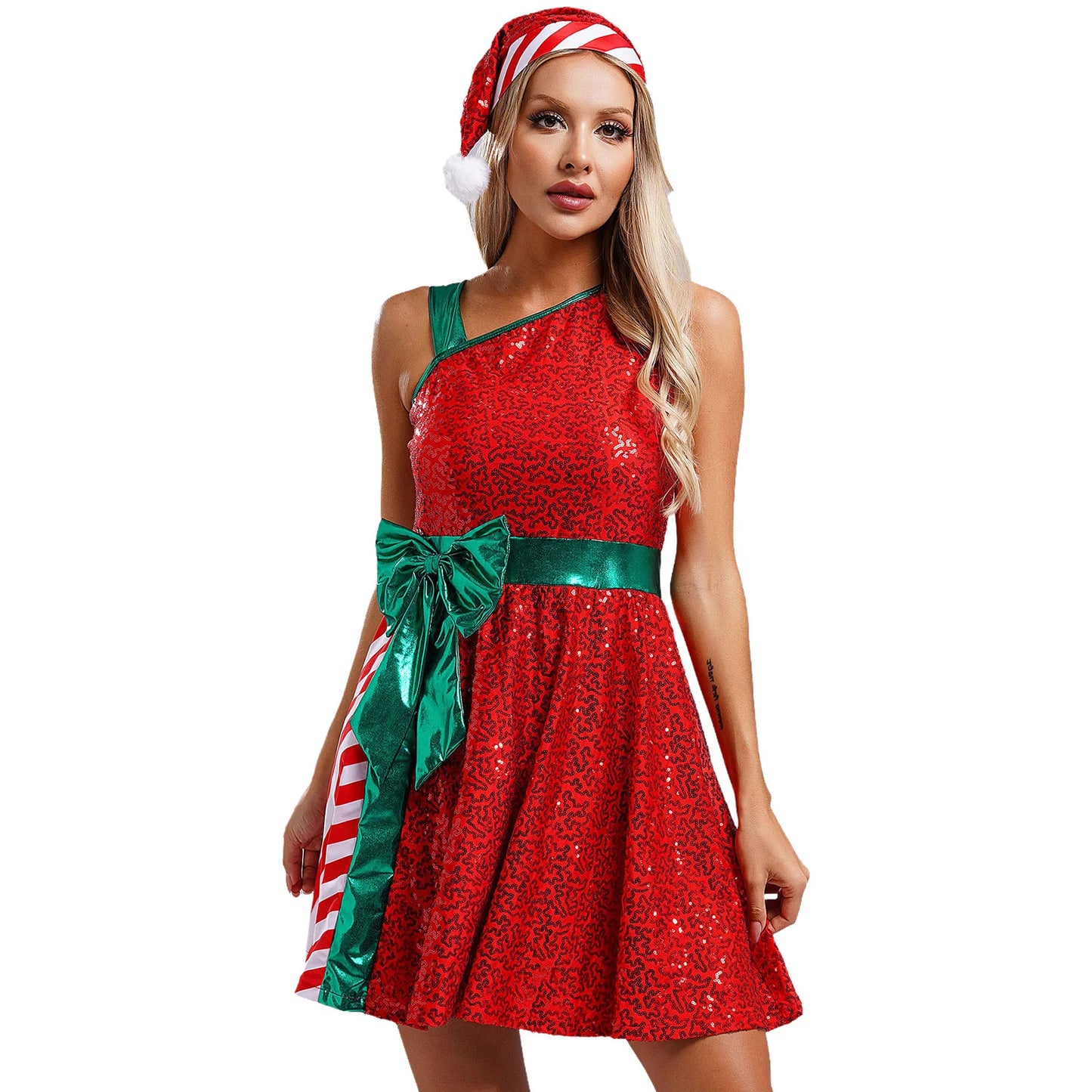 Women Christmas Santa Claus Costume Candy Cane Sequins Dance Dress with Hat Set Mrs Santa Elf Xmas Holiday Party Cosplay Costume