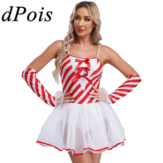 Womens Christmas Candy Cane Tutu Dress with Gloves New Year Costume Bow Striped Tulle Sling Dress Xmas Holiday Party Costumes