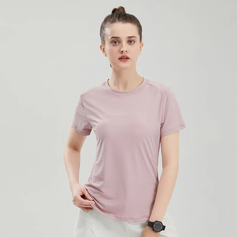 Female Slim Fit Sports Tee Shirt Quick Dry Light Breathable Short Sleeve T-Shirt Women Stretch Running Gym Exercise T Shirt Tops