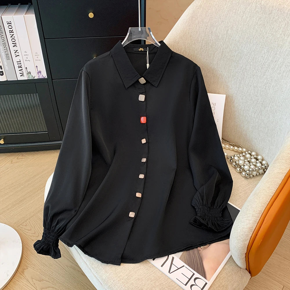 Plus-size women's white black solid color shirt elastic cuff long sleeve top button business fashion simple chiffon autumn 2024