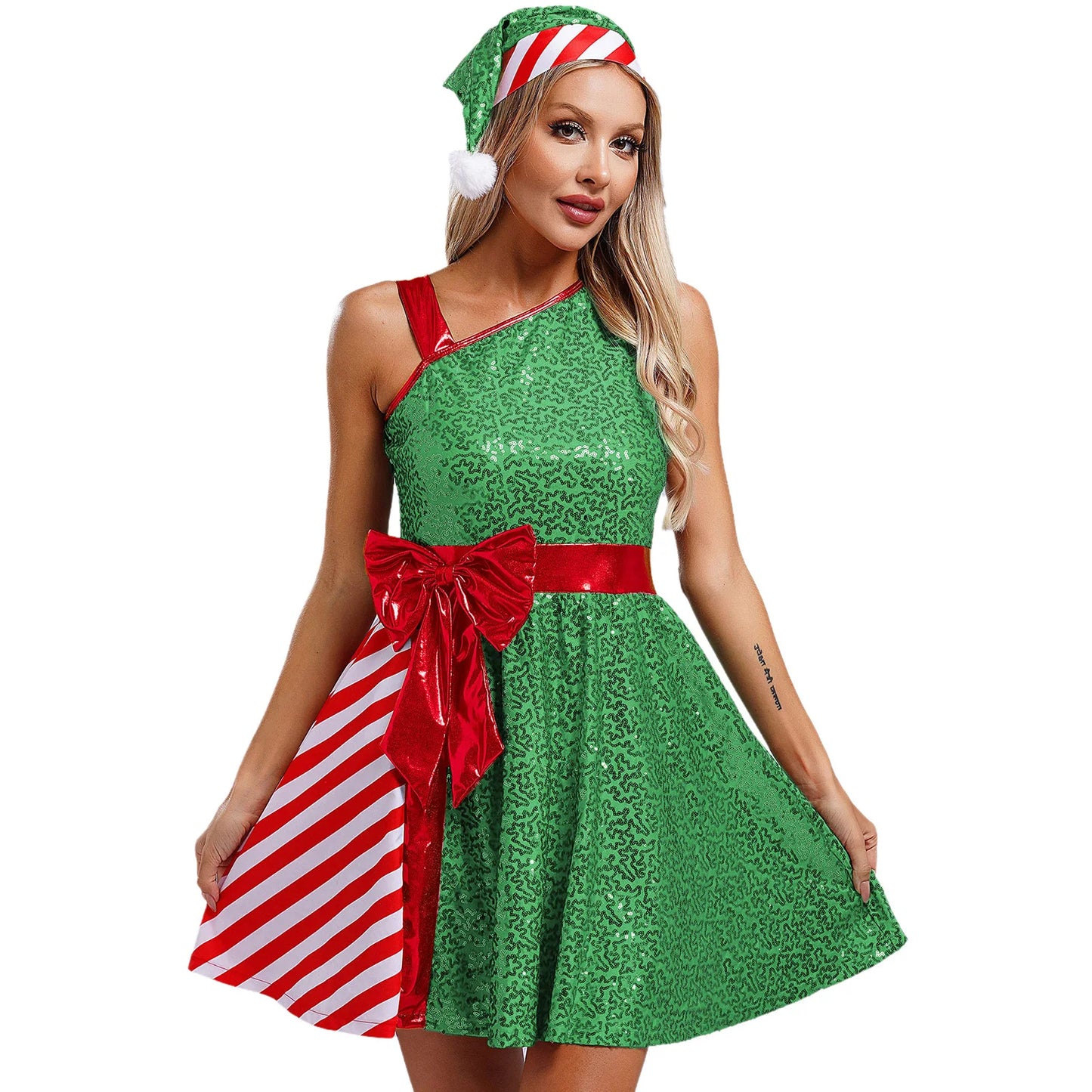 Women Christmas Santa Claus Costume Candy Cane Sequins Dance Dress with Hat Set Mrs Santa Elf Xmas Holiday Party Cosplay Costume