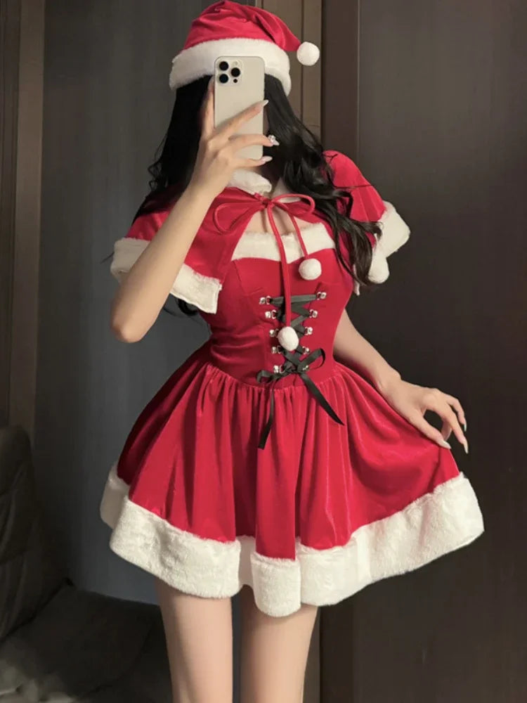 Kawaii Cloak Cosplay Santa Claus Cute Autumn And Winter Christmas Red Shawl Dress Women's Holiday Costume Party Dressing Women