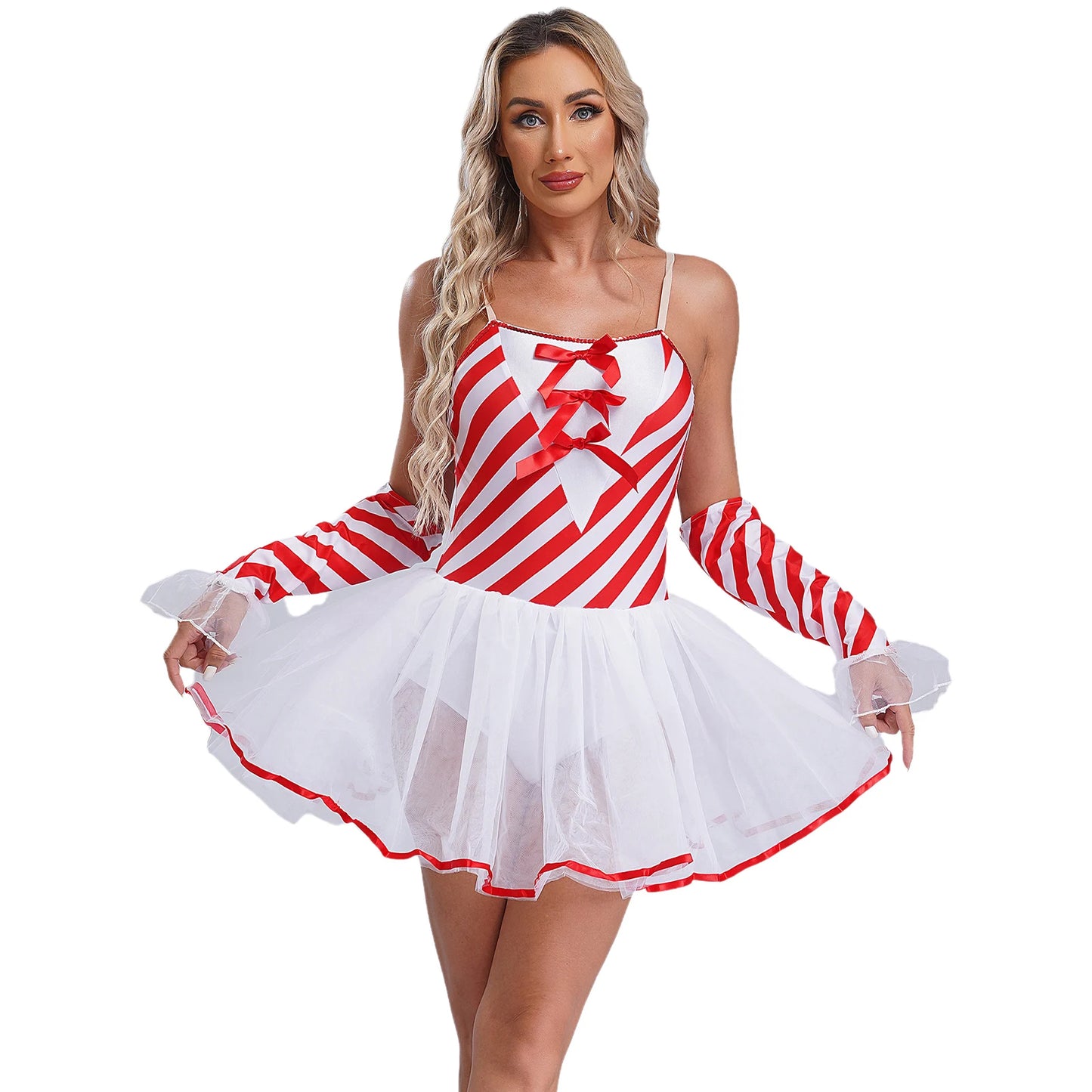 Womens Christmas Candy Cane Tutu Dress with Gloves New Year Costume Bow Striped Tulle Sling Dress Xmas Holiday Party Costumes