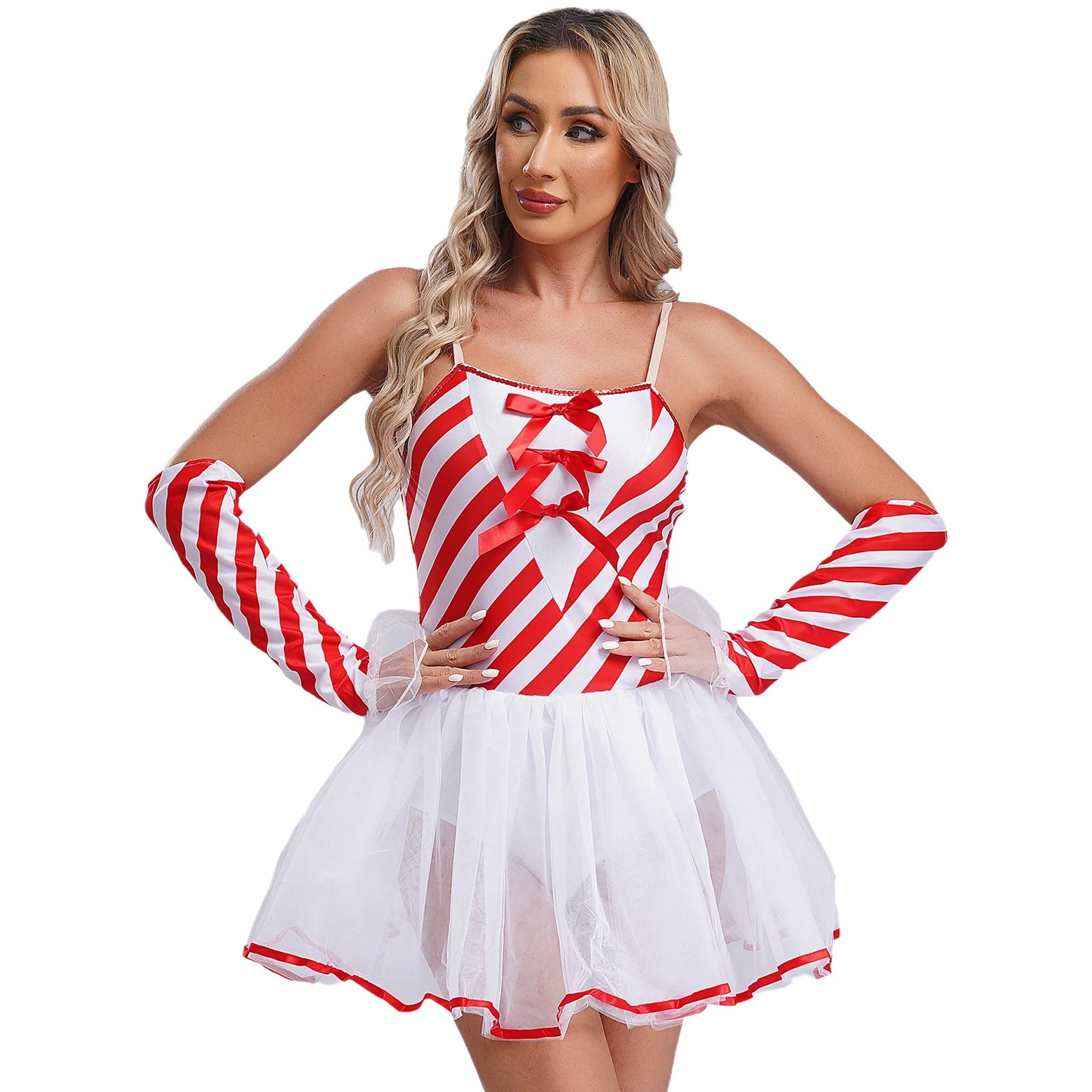 Womens Christmas Candy Cane Tutu Dress with Gloves New Year Costume Bow Striped Tulle Sling Dress Xmas Holiday Party Costumes