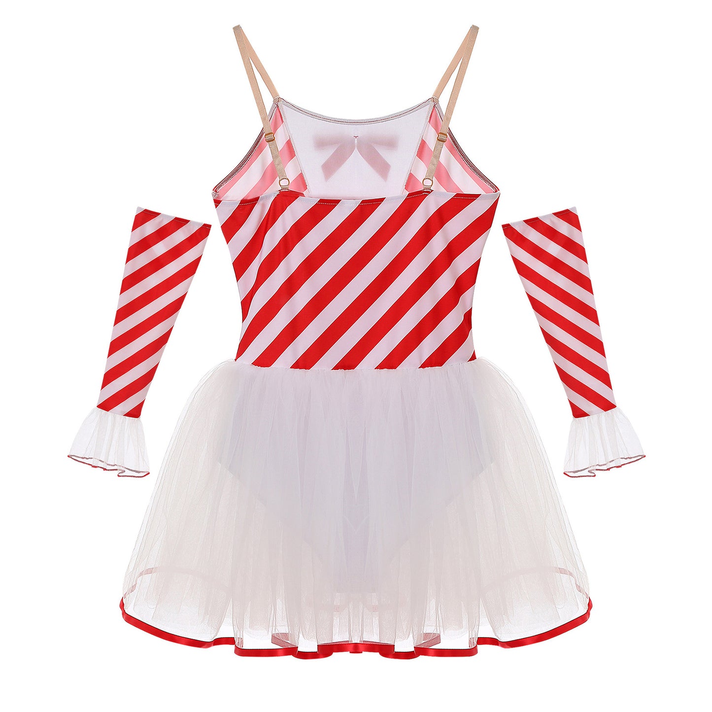 Womens Christmas Candy Cane Tutu Dress with Gloves New Year Costume Bow Striped Tulle Sling Dress Xmas Holiday Party Costumes