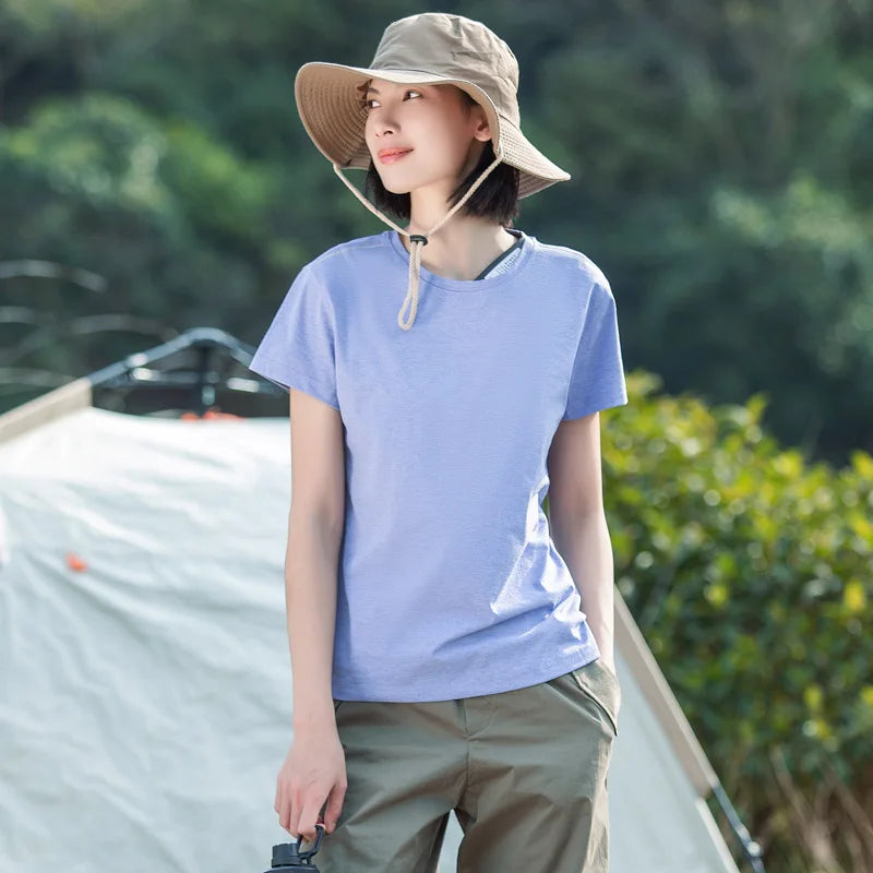 Outdoor Quick Dry Round Neck Short-Sleeved T-Shirt Women Men's Summer Camping Hiking Fishing Climbing Yoga Running Fitness Tops