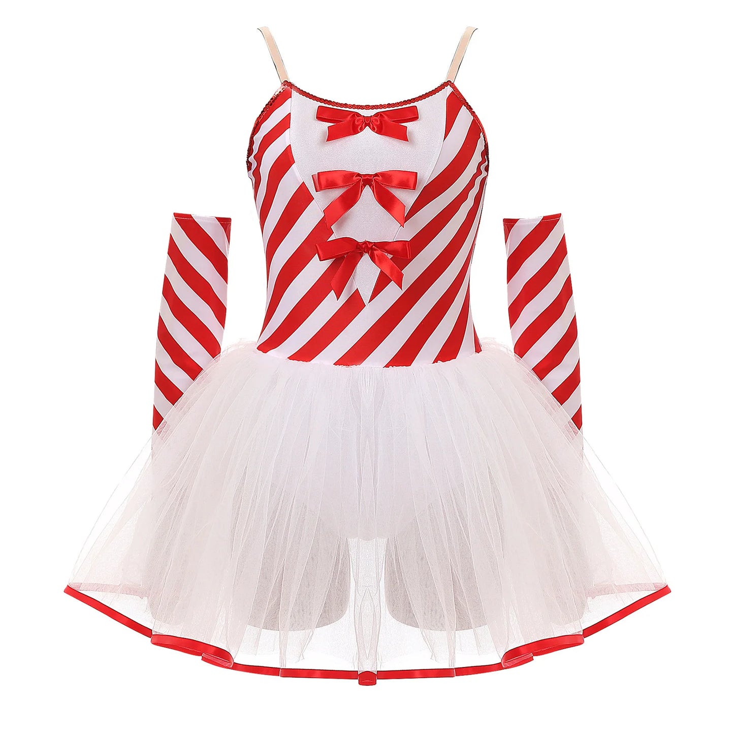 Womens Christmas Candy Cane Tutu Dress with Gloves New Year Costume Bow Striped Tulle Sling Dress Xmas Holiday Party Costumes