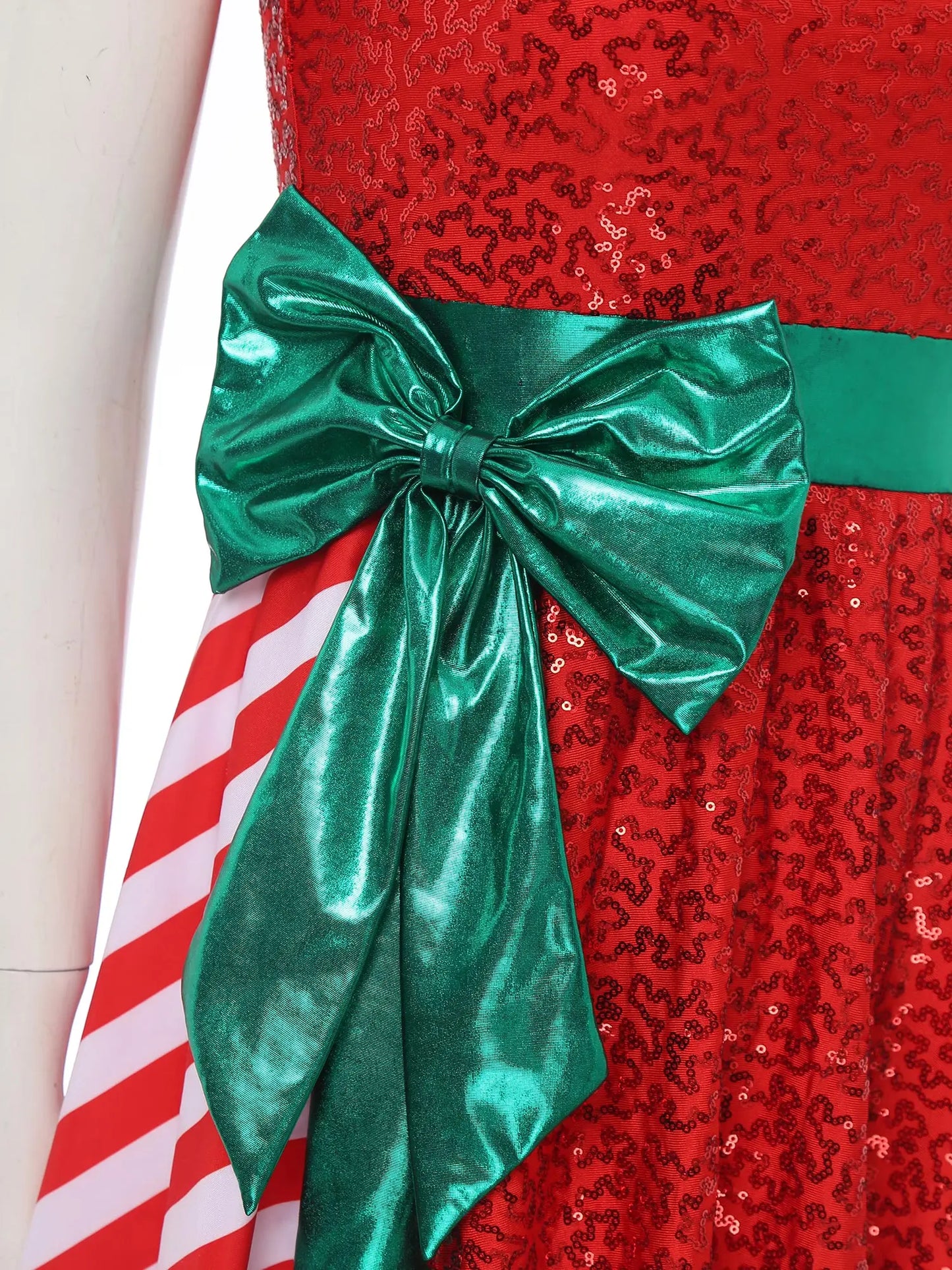 Women Christmas Santa Claus Costume Candy Cane Sequins Dance Dress with Hat Set Mrs Santa Elf Xmas Holiday Party Cosplay Costume