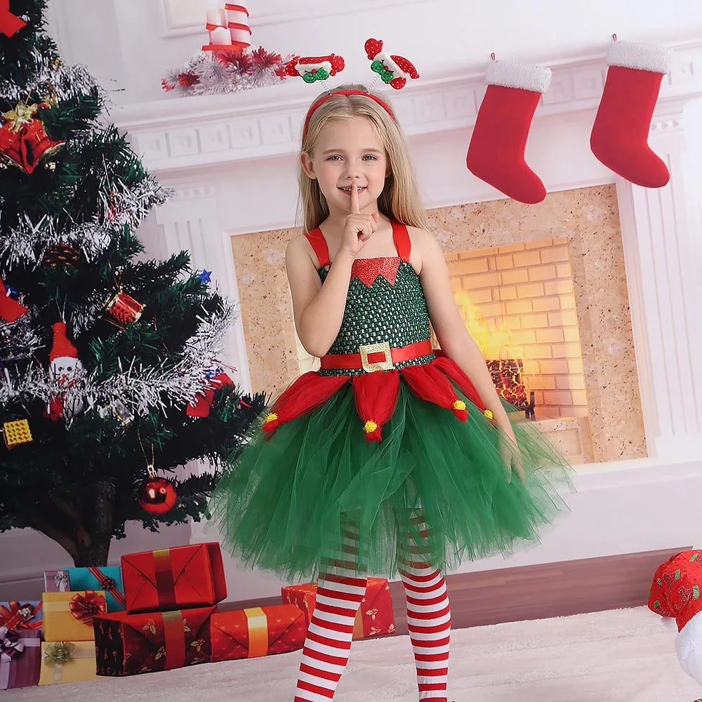 Children Christmas Clothing Girl Cosplay Christmas Tree Dress Princess Pomp Dress Children Holiday Party Cute Stage Costume