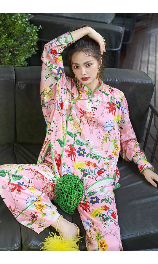 Pink Floral Print Satin Women Pajamas Set Long Sleeve Wide Leg Tousers Silk Sleepwear for Female 2 Pieces Pyjama Loungewear Home