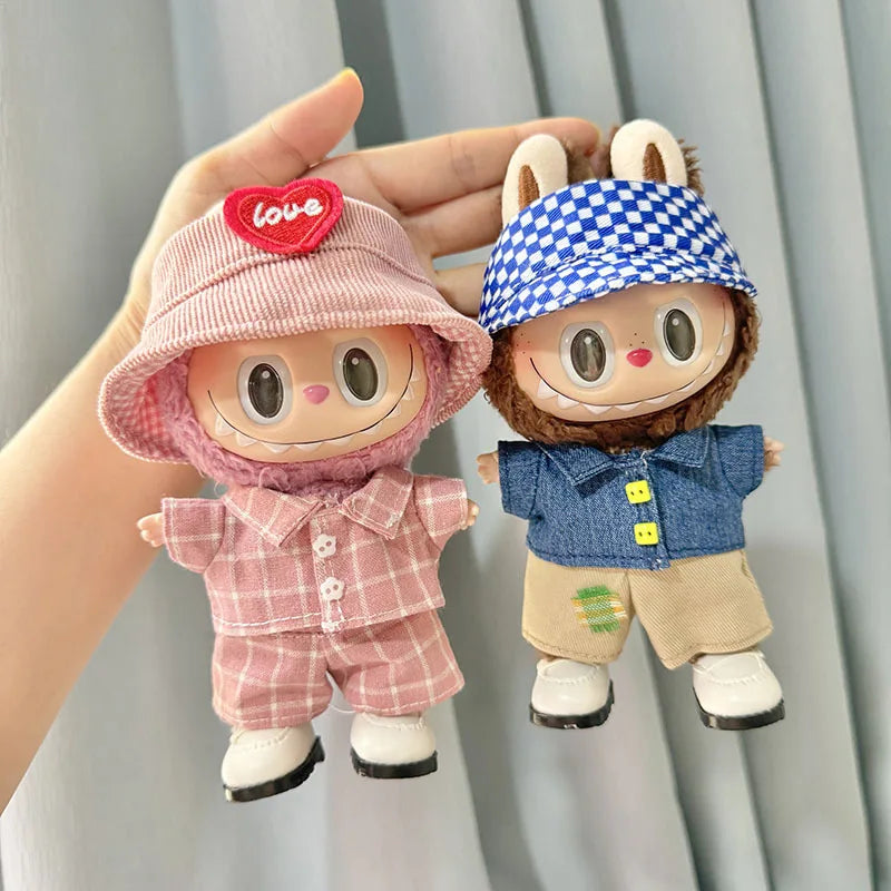 17cm Labubu I II Cute Plush Doll'S Clothes Idol Dolls Sitting Party Pink Green Button Denim Suit Accessories For Korea Kpop Exo