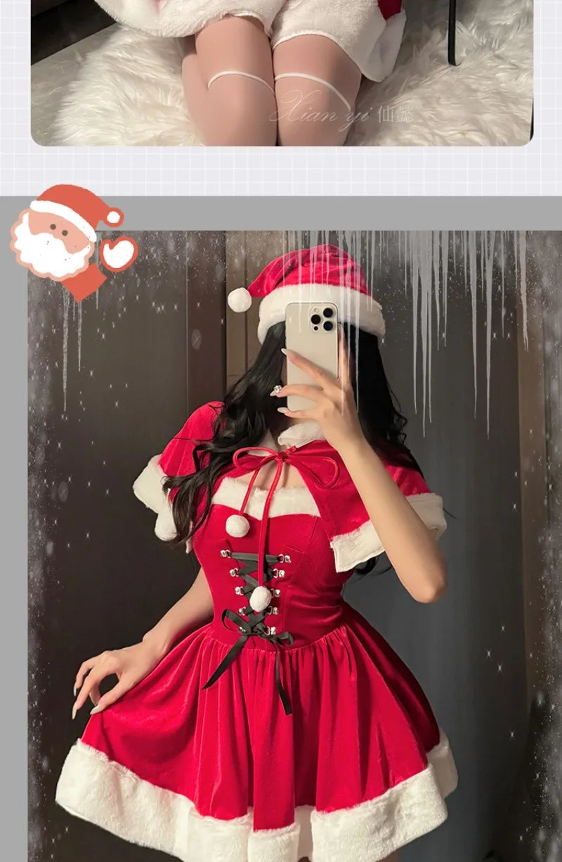 Kawaii Cloak Cosplay Santa Claus Cute Autumn And Winter Christmas Red Shawl Dress Women's Holiday Costume Party Dressing Women