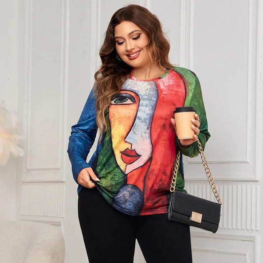 Plus Size Long Sleeve Print Shirt Women Fashion Oversized Loose T Shirts for Women Autumn Spring Winter