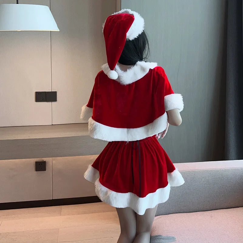 Kawaii Cosplay Santa Autumn Winter Cute Christmas Red Shawl Women Holiday Costume Set Party Dress Up Outfit Female Cloak