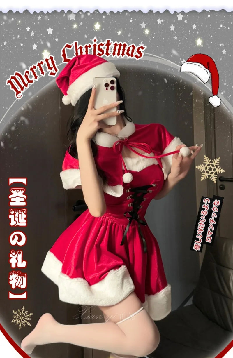 Kawaii Cloak Cosplay Santa Claus Cute Autumn And Winter Christmas Red Shawl Dress Women's Holiday Costume Party Dressing Women