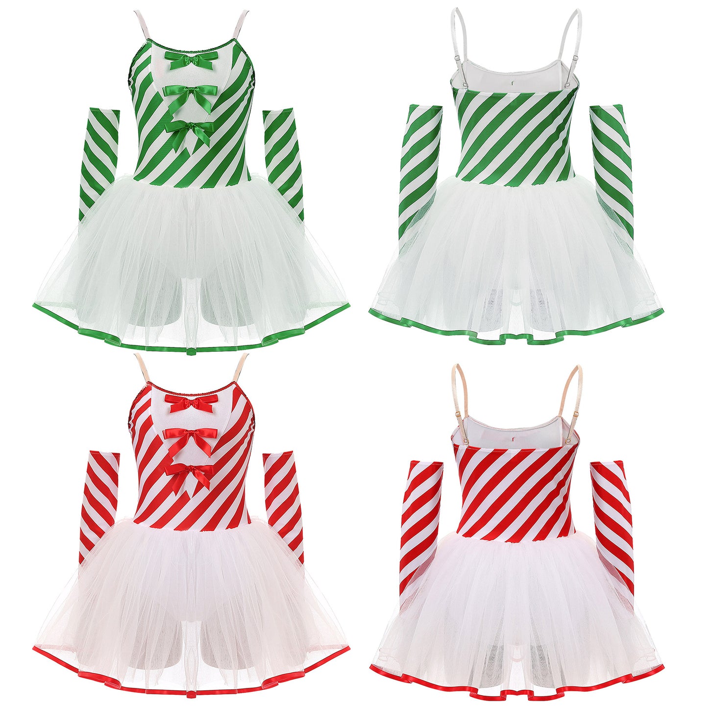 Womens Christmas Candy Cane Tutu Dress with Gloves New Year Costume Bow Striped Tulle Sling Dress Xmas Holiday Party Costumes