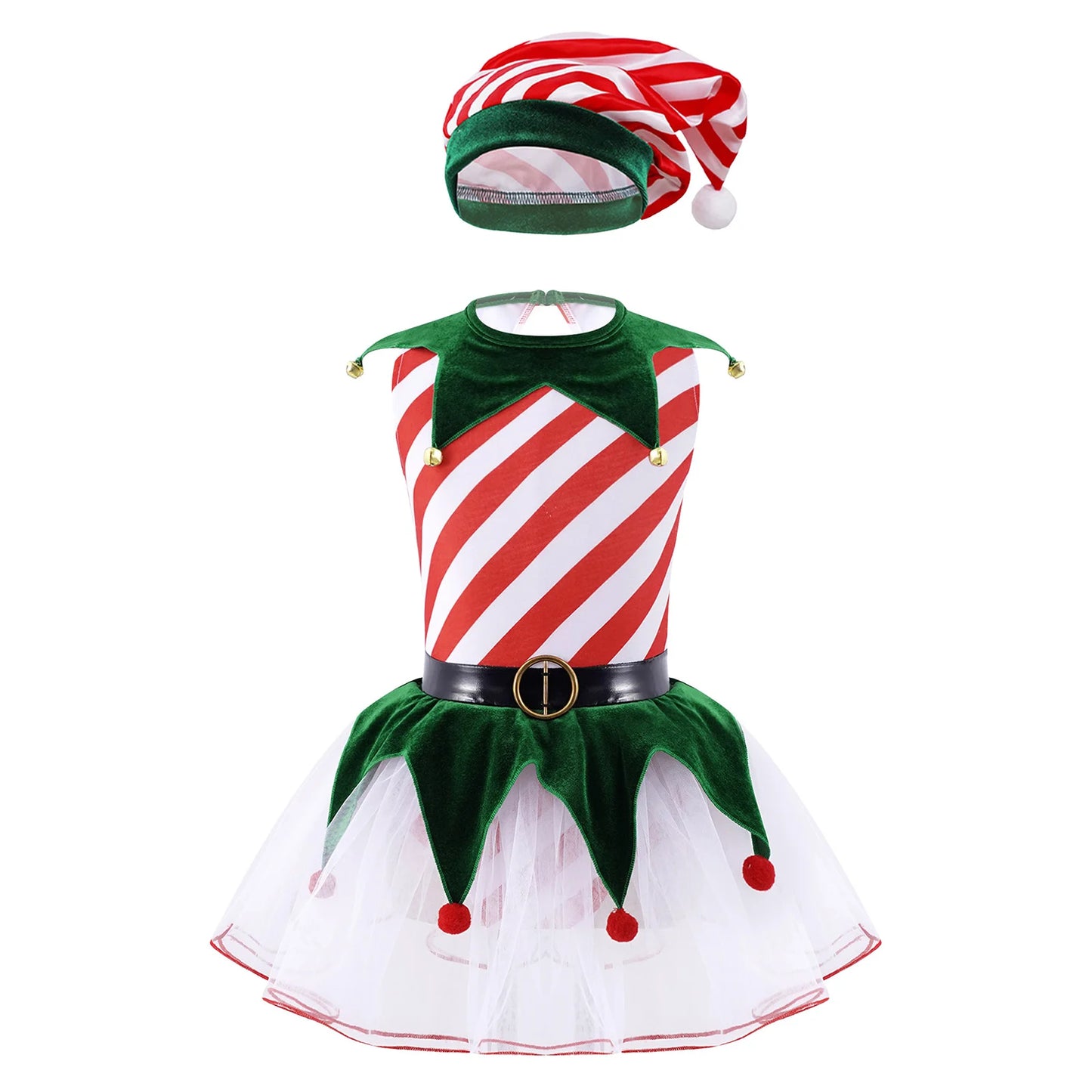 Teen Girls Christmas Party Dress Striped Candy Cane Ballet Dance Skating Leotard Tutu with Hat Xmas Santa Claus Cosplay Costume