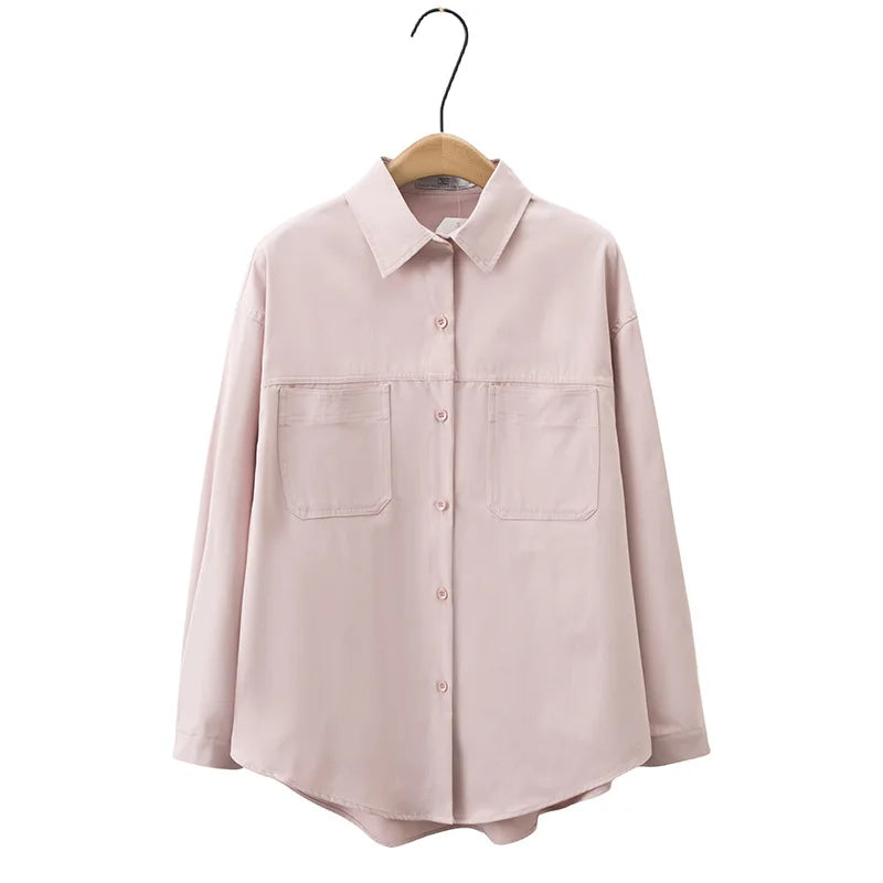 Spring/Autumn New Lapel Long Sleeve Loose Shirt Women Plus Size Casual Style Pocket Shirt-Coat 2314