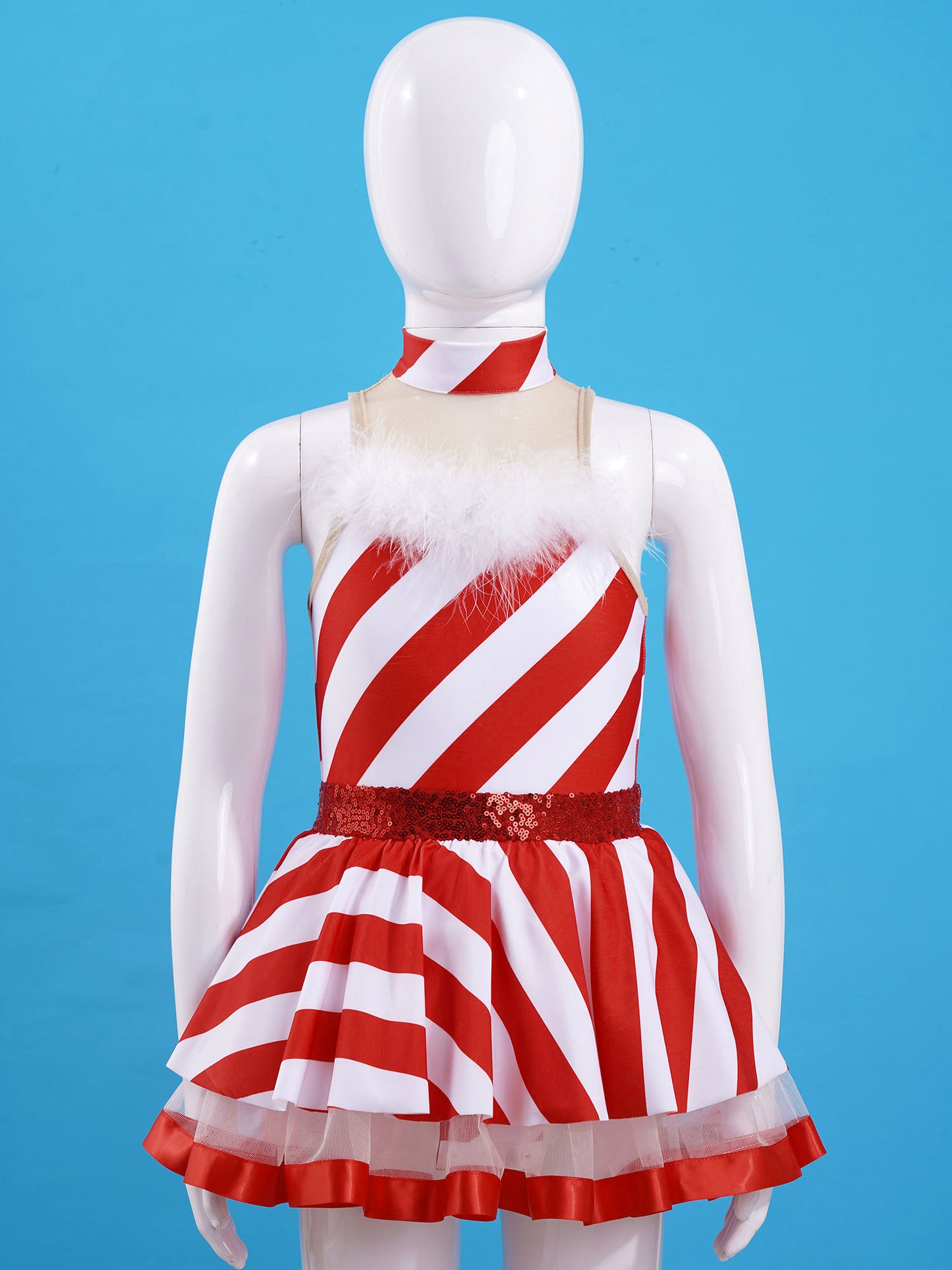 Teen Girls Christmas Party Dress Striped Candy Cane Ballet Dance Skating Leotard Tutu with Hat Xmas Santa Claus Cosplay Costume