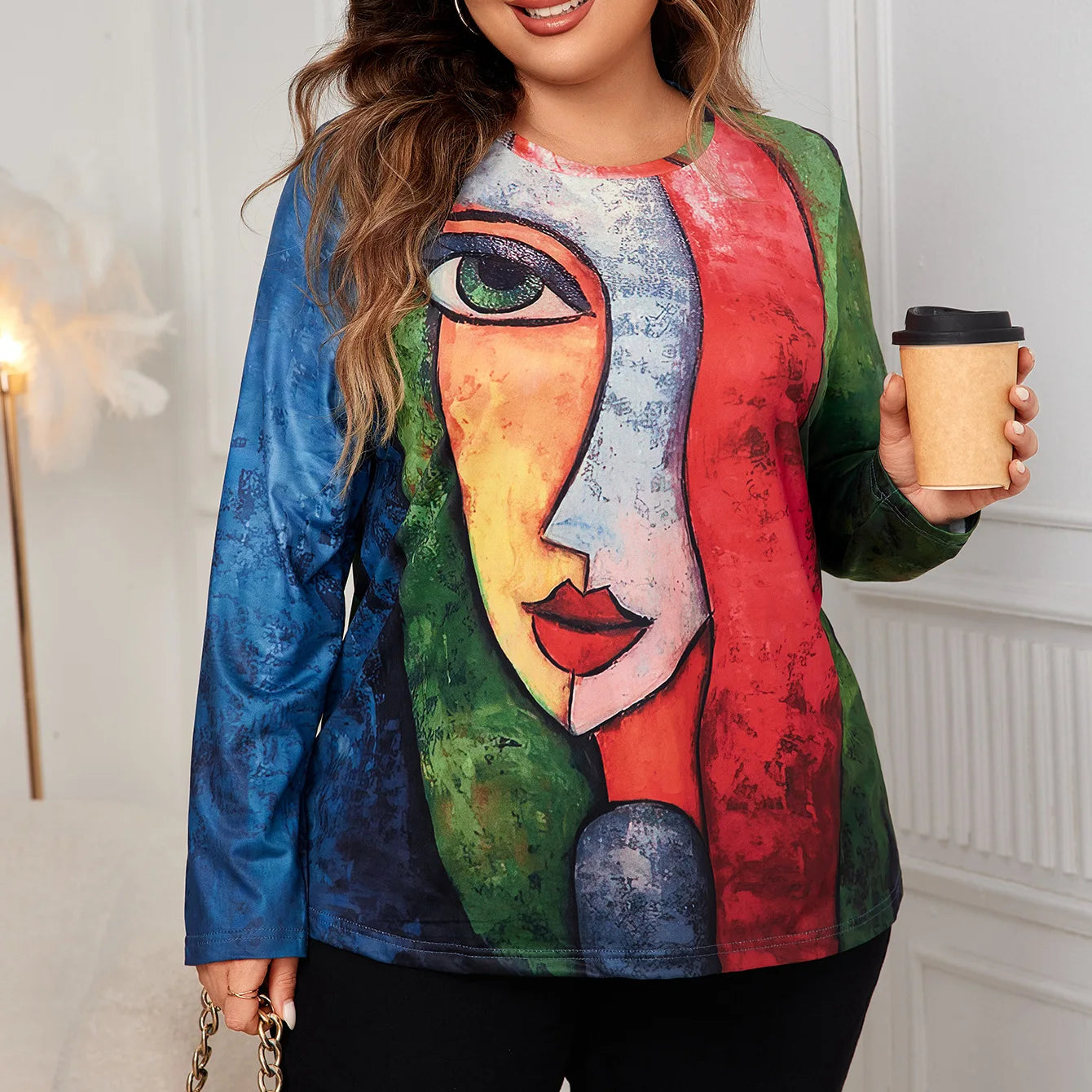 Plus Size Long Sleeve Print Shirt Women Fashion Oversized Loose T Shirts for Women Autumn Spring Winter