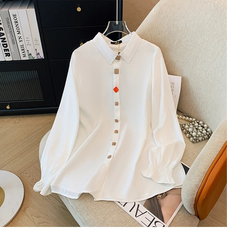 Plus-size women's white black solid color shirt elastic cuff long sleeve top button business fashion simple chiffon autumn 2024